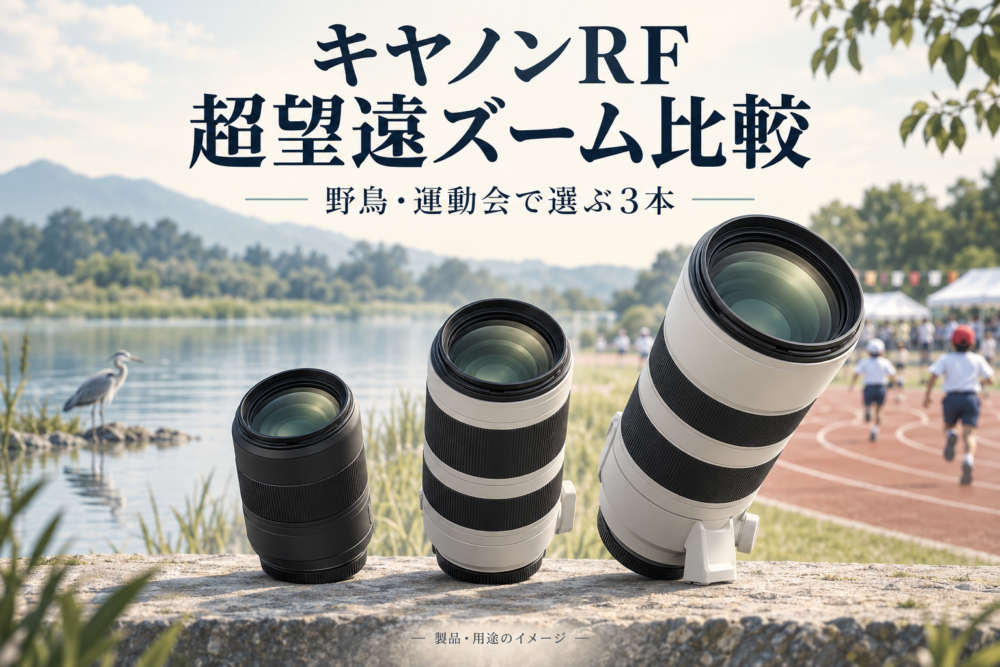 黒い小型望遠と白い二本の望遠レンズ、野鳥と運動場を描いた比較記事のイメージ