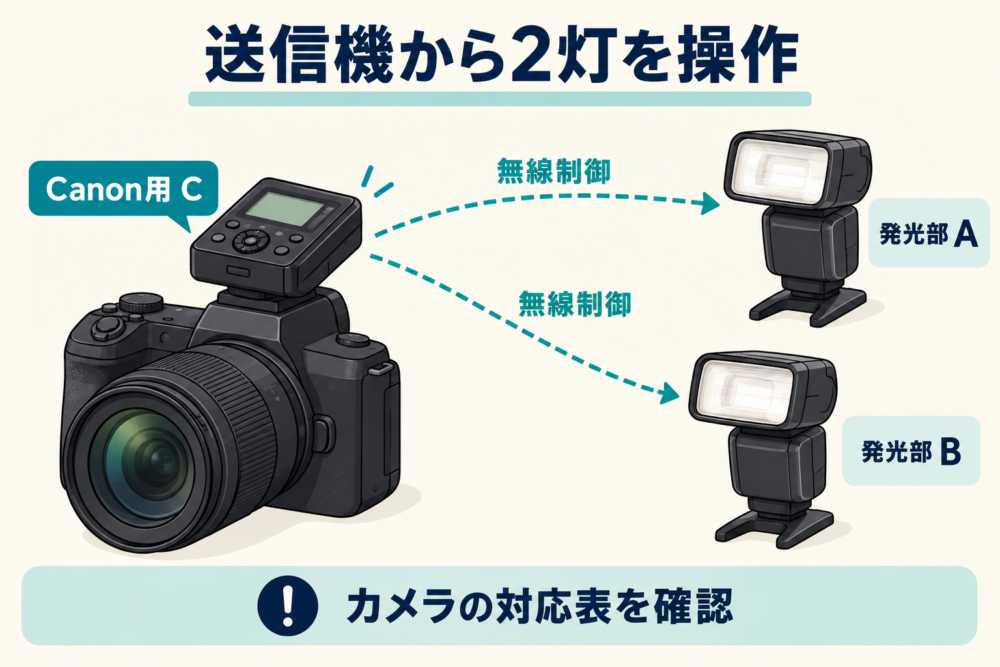 カメラ上のCanon用送信機から2つの発光部へ無線信号を送る概念図