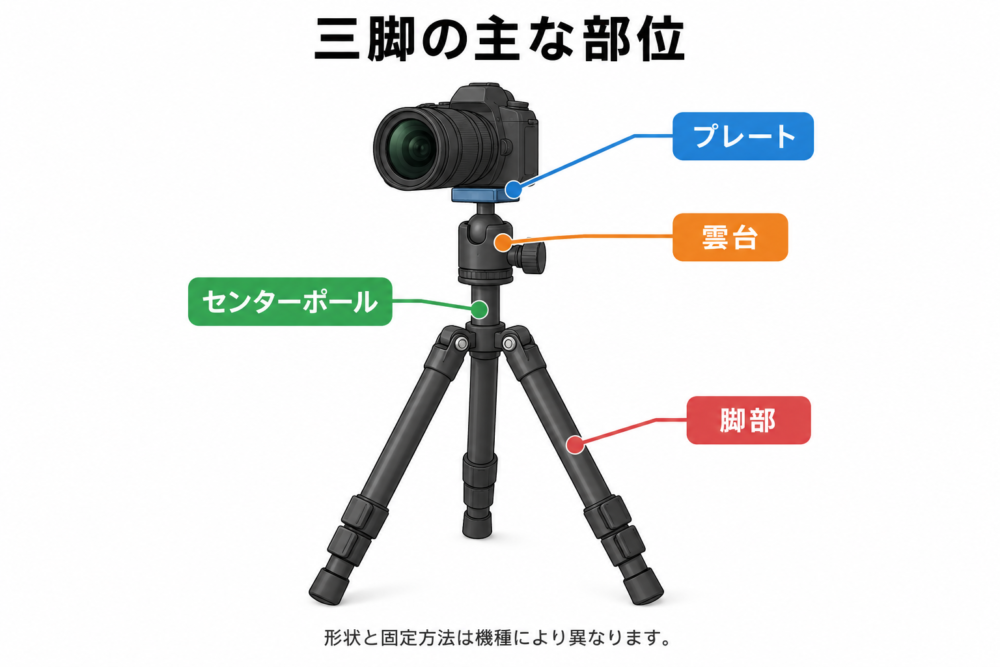プレート、雲台、センターポール、脚部の位置を示した三脚の模式図