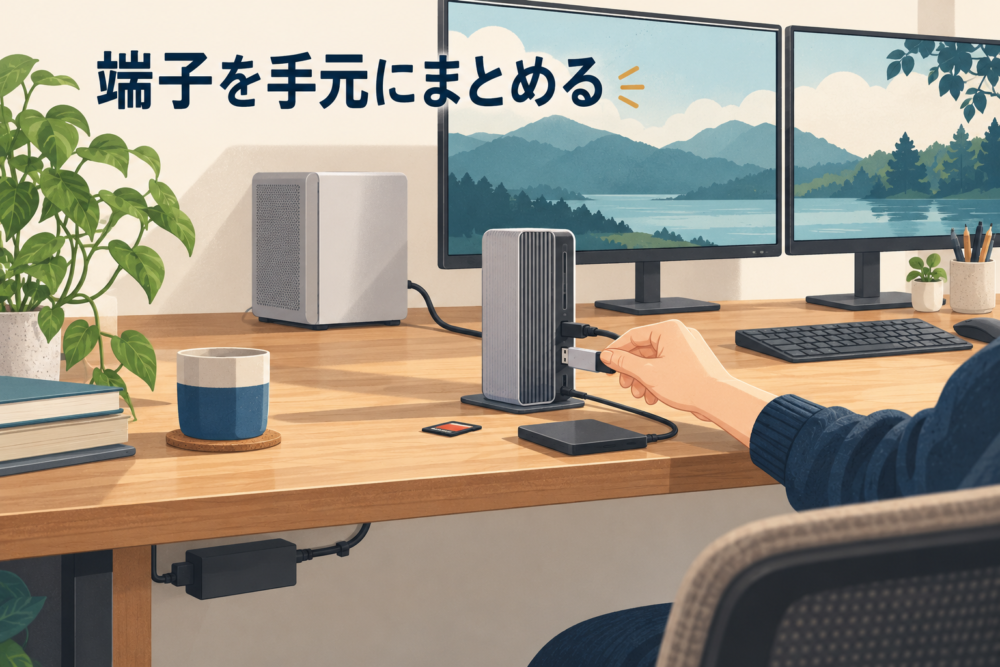 机奥のMacと手元のドック、SDカードとUSB機器を描いたTS4の用途イメージ