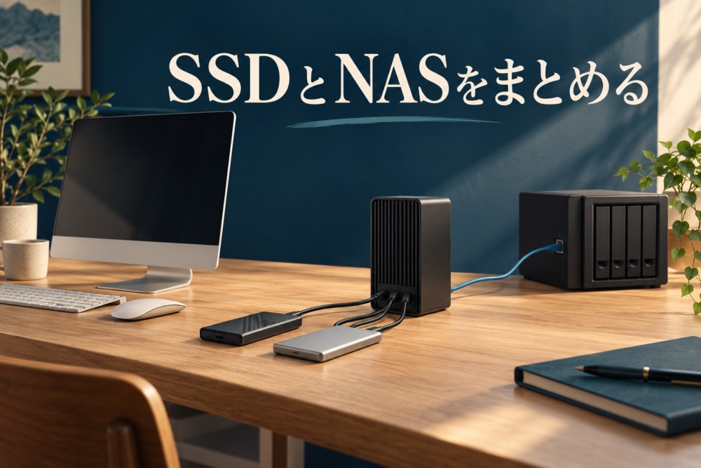 黒いドックと複数のSSD、NASを配置したTS5 Plusの用途イメージ