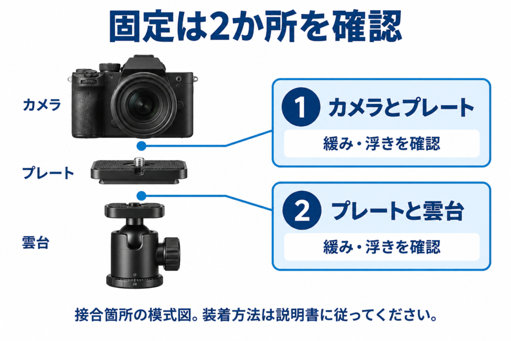 カメラとプレート、プレートと雲台の2つの固定箇所を区別する概念図
