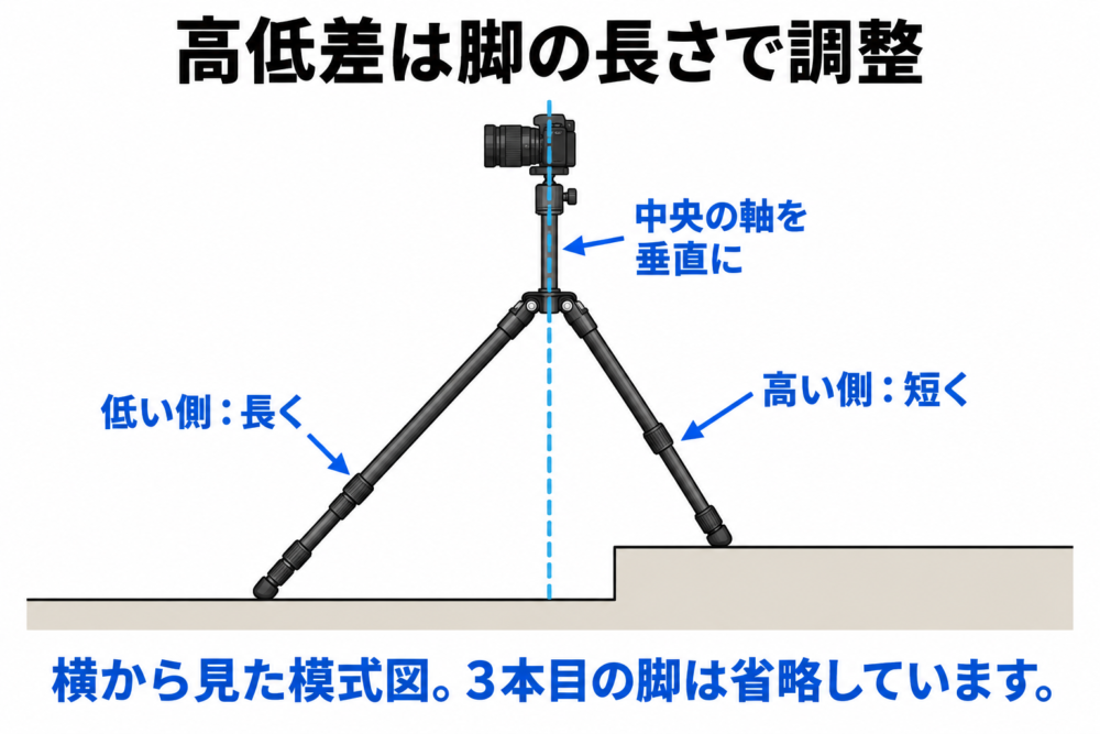地面の高低差に合わせて脚の長さを変え、中央の軸を垂直にする模式図