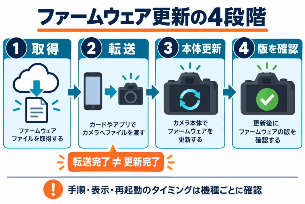 取得、転送、本体更新、版の確認を分け、転送だけでは更新完了にならないことを示す模式図