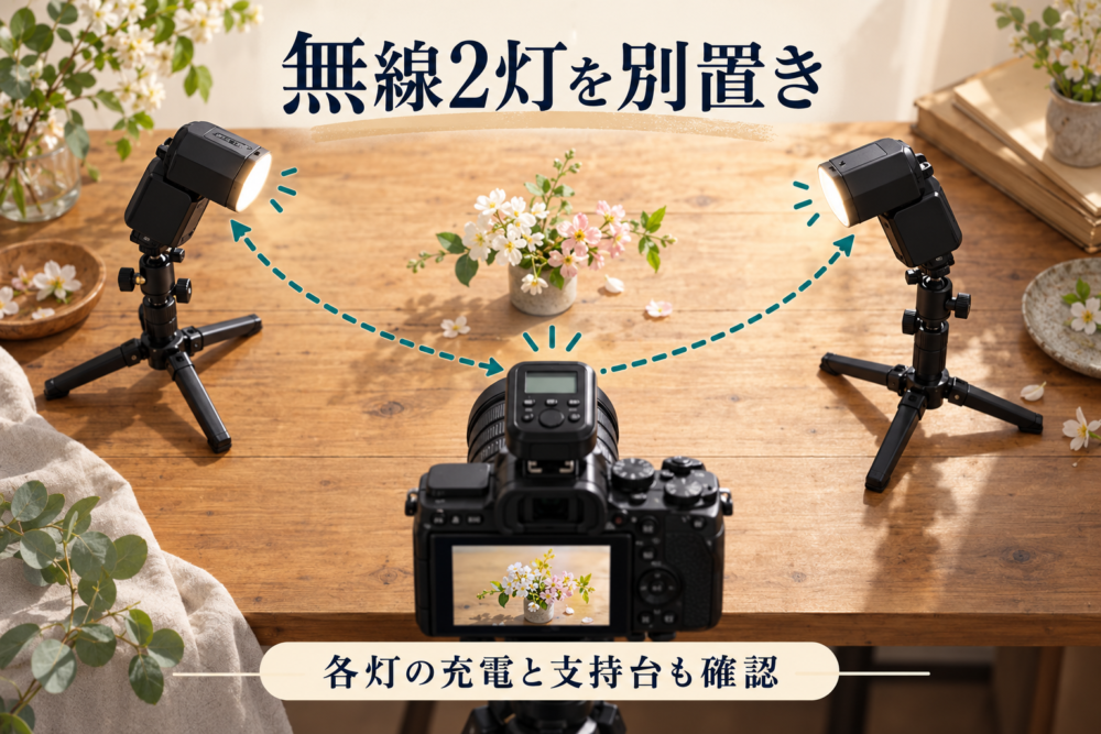 カメラの送信機で、被写体の左右へ別置きした2灯を制御するイメージ