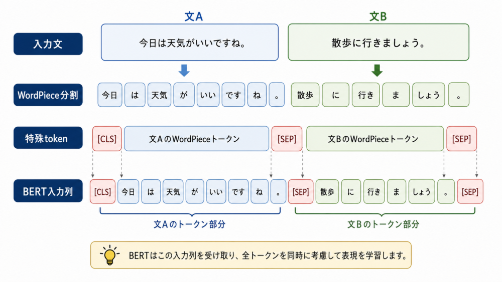 WordPieceで文がサブワードと特殊tokenを含むBERT入力列に変換される流れ