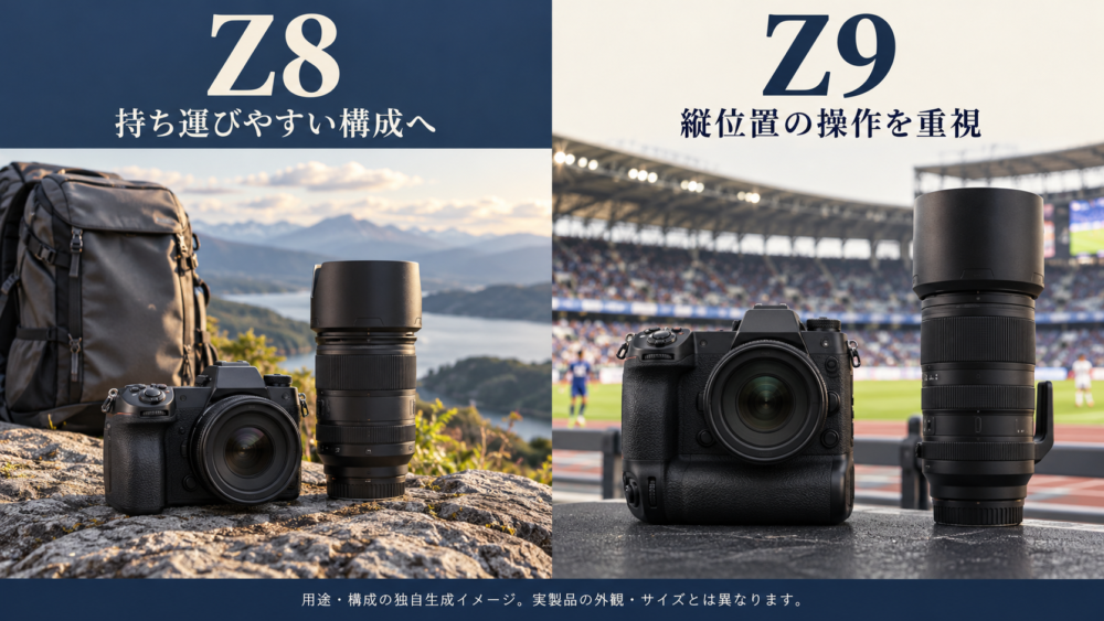 Z8とZ9の持ち運びと縦位置操作を示す比較イメージ